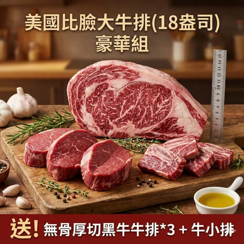 【快樂買官網】美國比臉大牛排(18盎司) 限時送無骨厚切黑牛牛排*3+無骨牛小排*1 